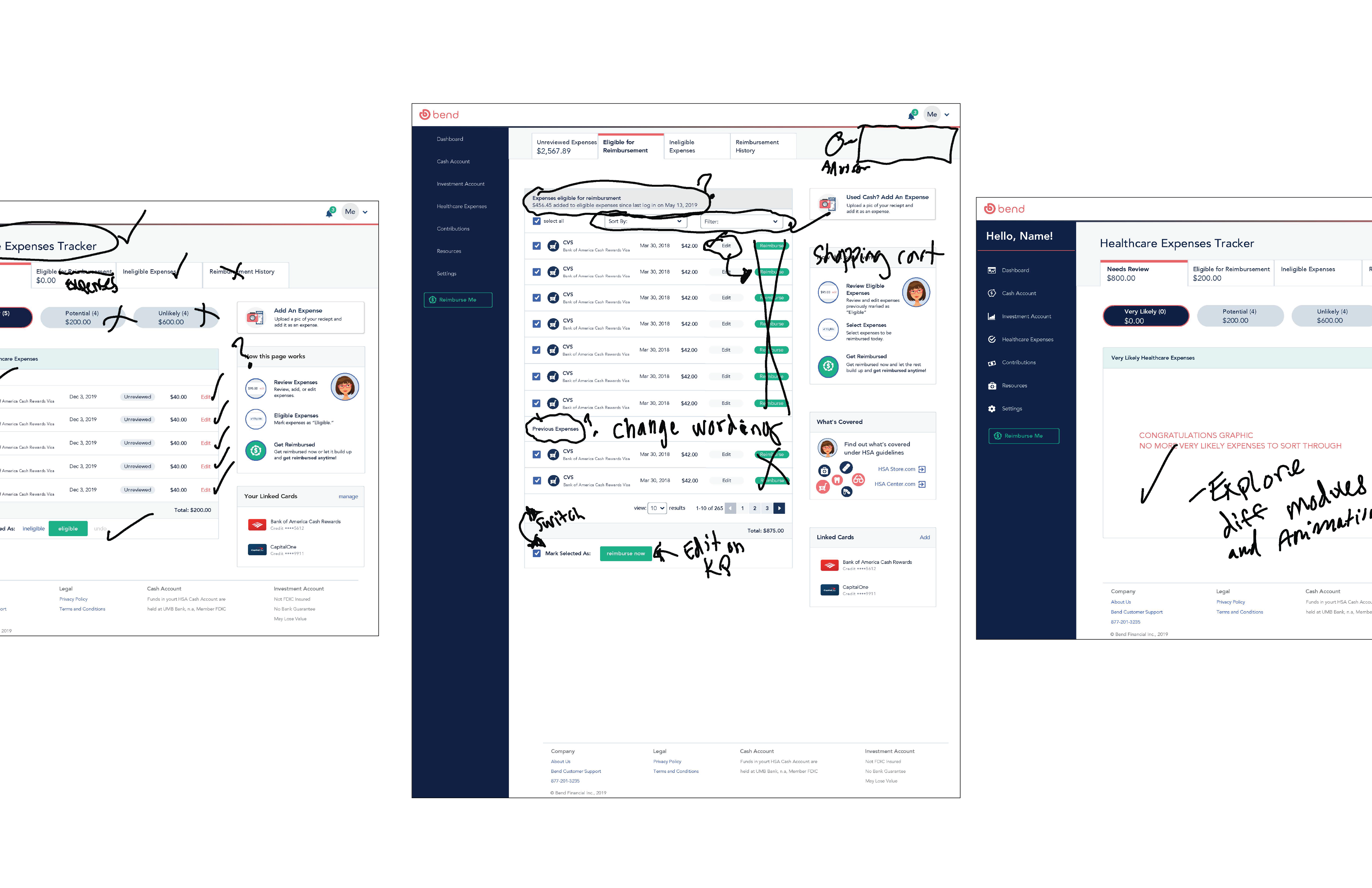 Annotated wireframe iterations across expense tracking screens